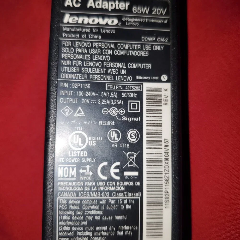 USED OEM LENOVO AC ADAPTER 65W 20 V LAPTOP CHARGER DCWP CM-2 92P1156